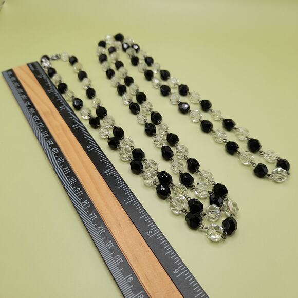 Art Deco Black Clear Crystal Necklace 53in Flapper Glass Beads 1930s